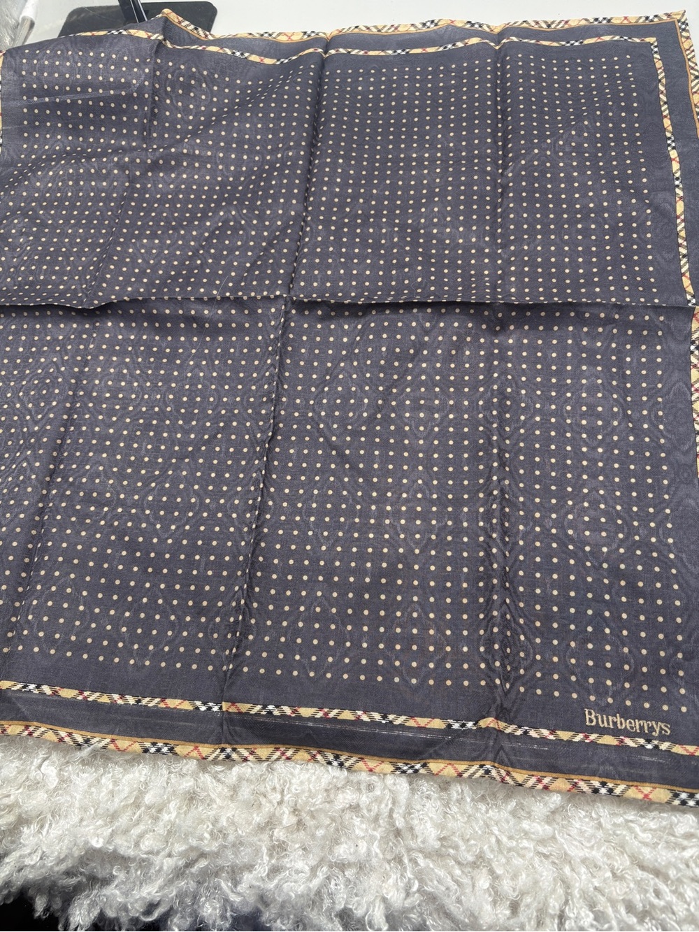 Burberry Navy Polka Dot Pocket Square with Plaid Border
